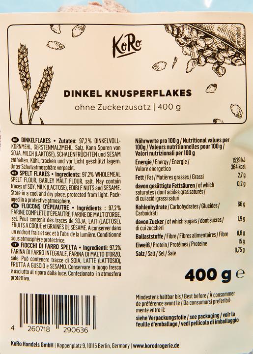 Nährwerte und Zutaten KoRo Dinkelflakes