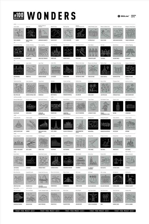 1dea.me Weltwunder 100 Bucketlist - Rubbelposter / Scratch Map (60 x 40 cm)