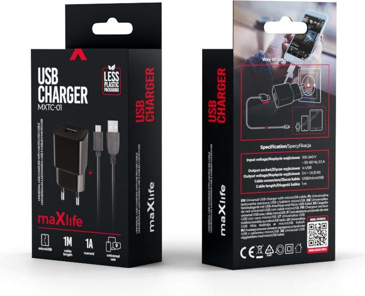 Immagine prodotto Maxlife Caricatore MXTC-01 1x USB 1A nero + cavo microUSB (5 W, 1 porzione)