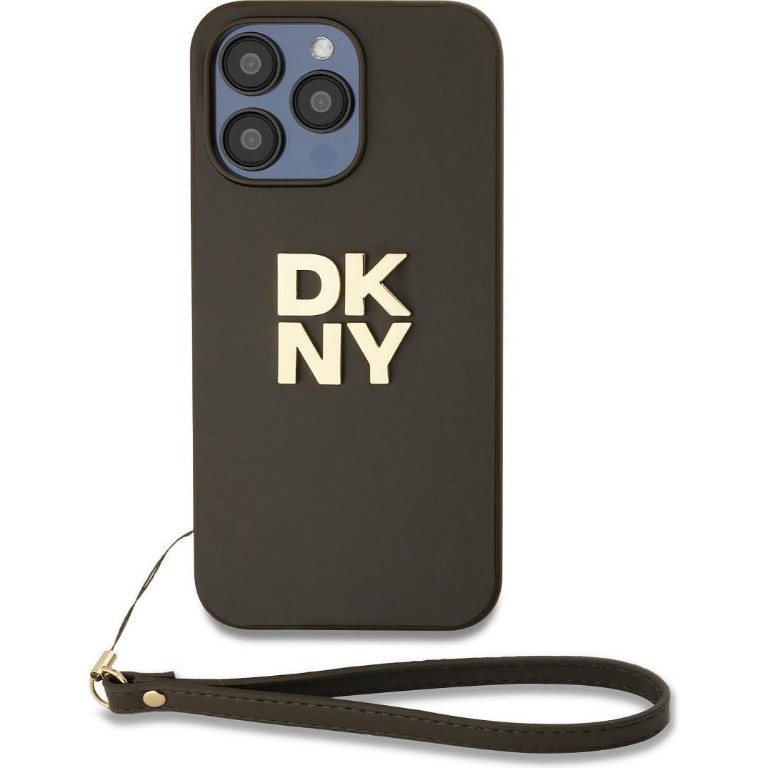 DKNY PU Leather Stack Logo Wrist Strap Case for iPhone 14 Pro Brown (Apple iPhone 14 Pro), Smartphone Hülle, Braun