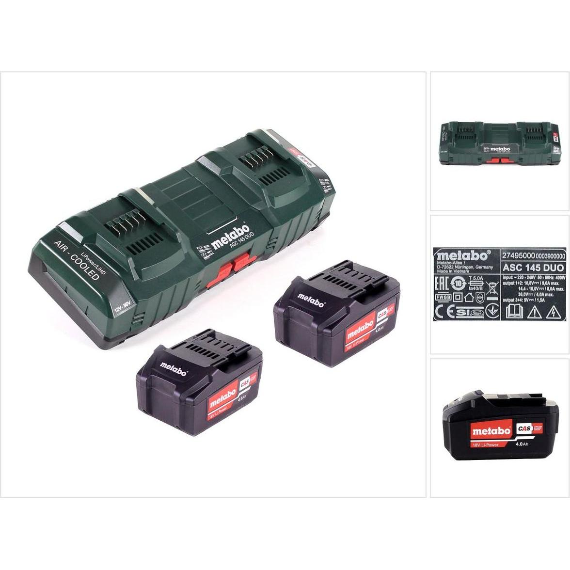 Metabo, Werkzeugakku + Ladegerät, Basis Set 2x Li-Power Akkupack 18 V 4,0 Ah CAS Li-Ion Akku ( 2x 625591000 ) + Doppella...