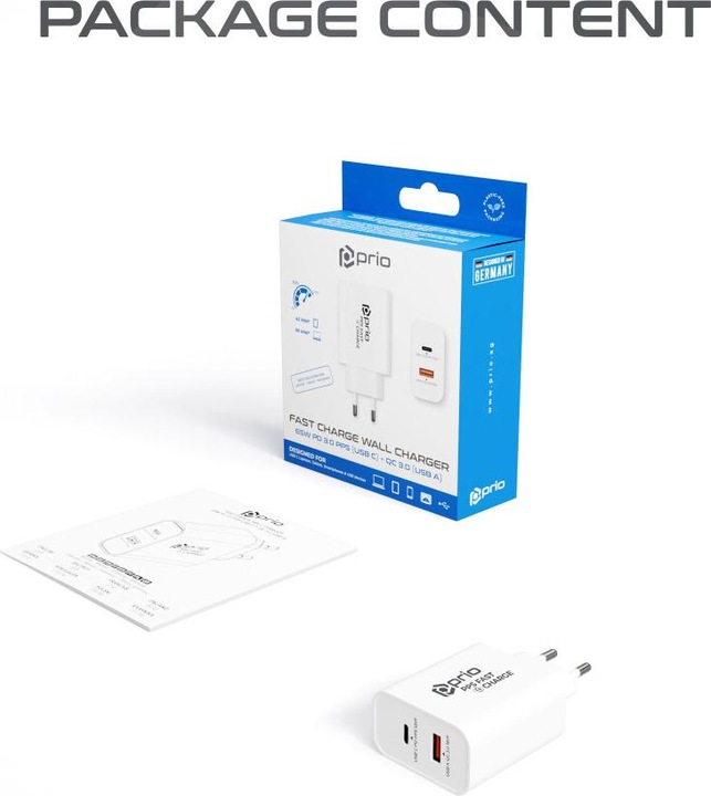 Produktbild prio Fast Charge -Ladegerät 65W PD (USB C) + QC 3.0 (USB A) weiss (65 W)