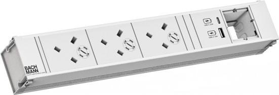 Produktbild Bachmann CONI 3xUK 45° 1xUSB A/C 22W 1xCM 0,2m GST18 RAL9010 (3 x, BS 1363, 0.20 m)