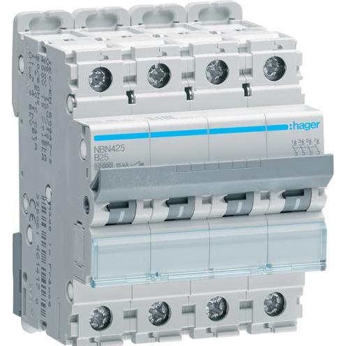 Hager, Schutzschalter, HAG NBN425 Leitungsschutzschalter 4 polig 10kA B-Charakteristik 25A 4 Module