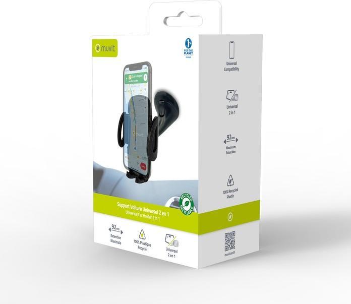 Produktbild Muvit Support Voiture 2en1 Grille / Pare-Brise / Tableau De Bord En Plastique Recycle Pour Mobiles 92mm Ma