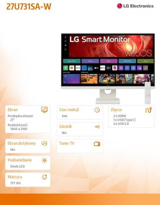 Produktbild LG SMART MONITOR 27 IPS BLANC 3840X2160 16:9 IPS 5MS 350CD/M 60HZ HDMI USB-C S (3840 x 2160 Pixel, 27")