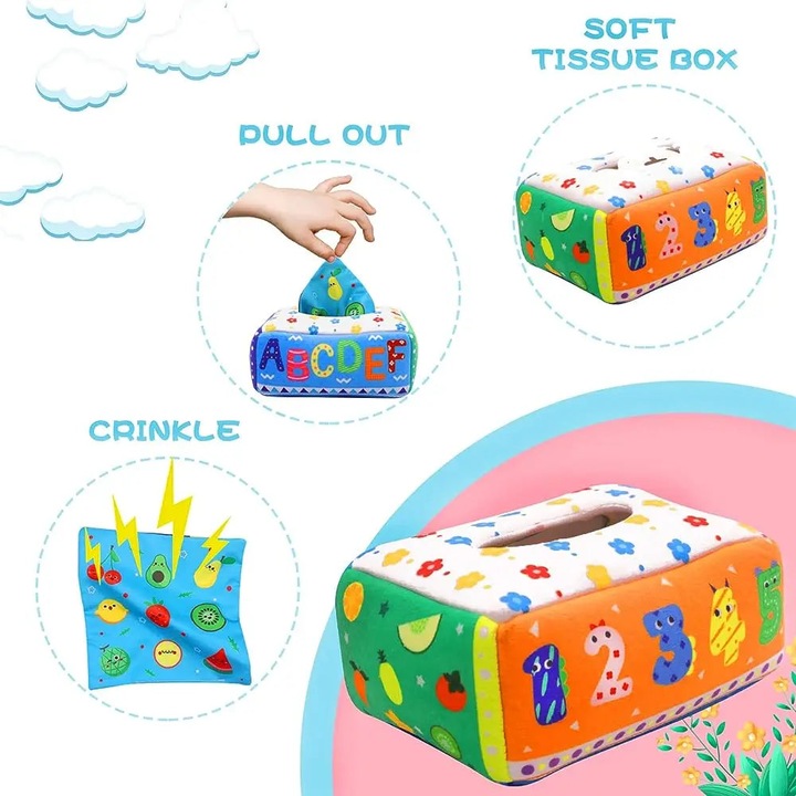 Image du produit Activity Board Boîte à mouchoirs pour bébé Jouets éducatifs Jouets sensoriels souples et colorés pour l'exercice