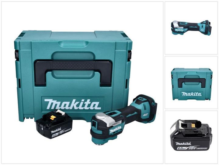 1x Makita DTM 52 cordless multifunction tool, 1x Makita BL 1860 B 18 V 6.0 Ah battery, 1x Makita Makpac, 1x universal insert, without charger