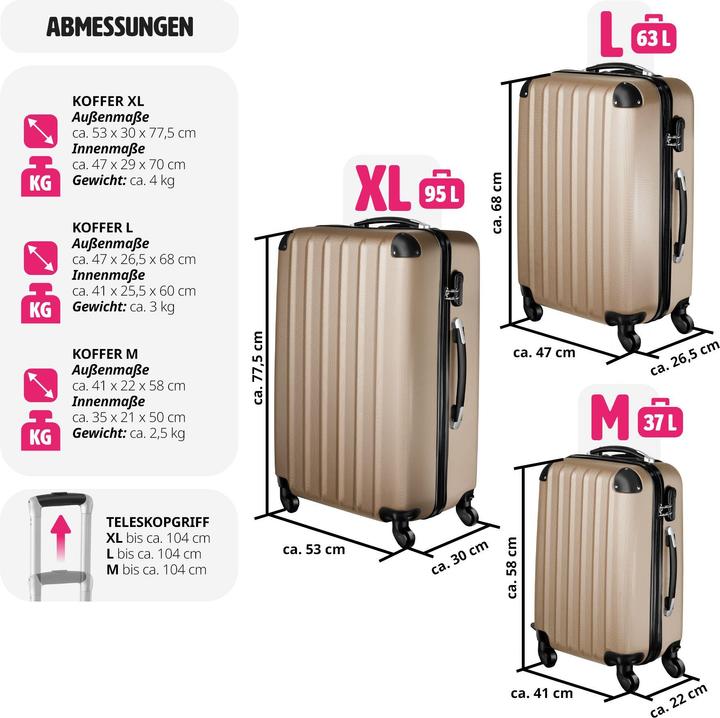 Image du produit tectake Set de 3 Valises (95 l, M (50 - 90l), L (90 - 115l))
