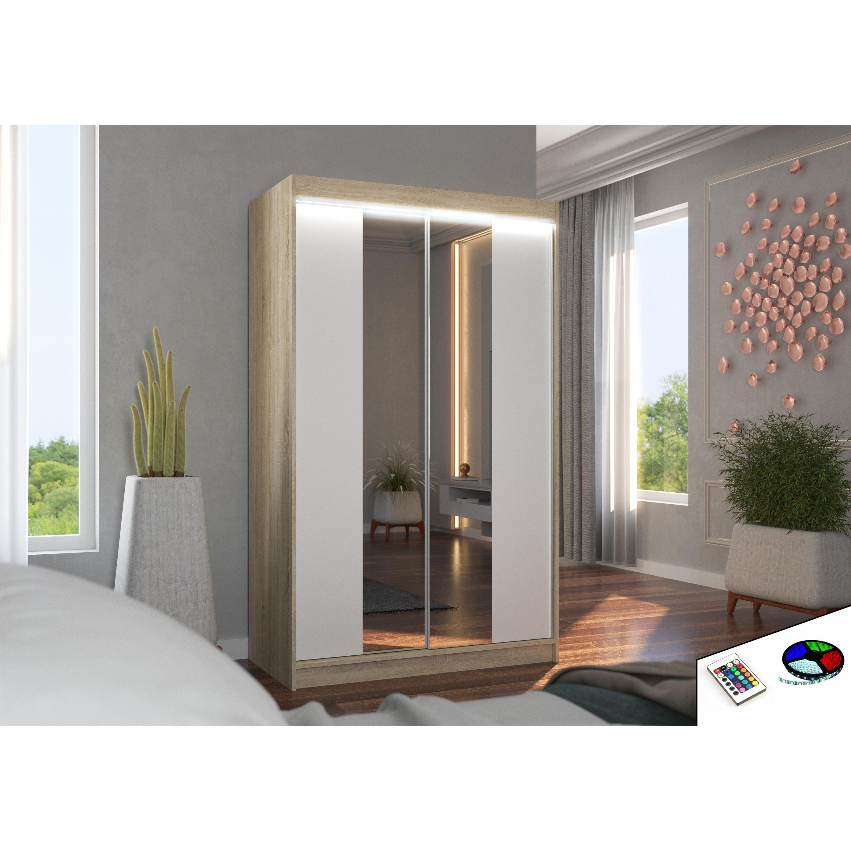 Thumbnail - ADRK Furniture, Kleiderschrank, Verschiebbarer Kleiderschrank mit Spiegel und Beleuchtung LED MARVIN 120 (120 x 58 x 200...