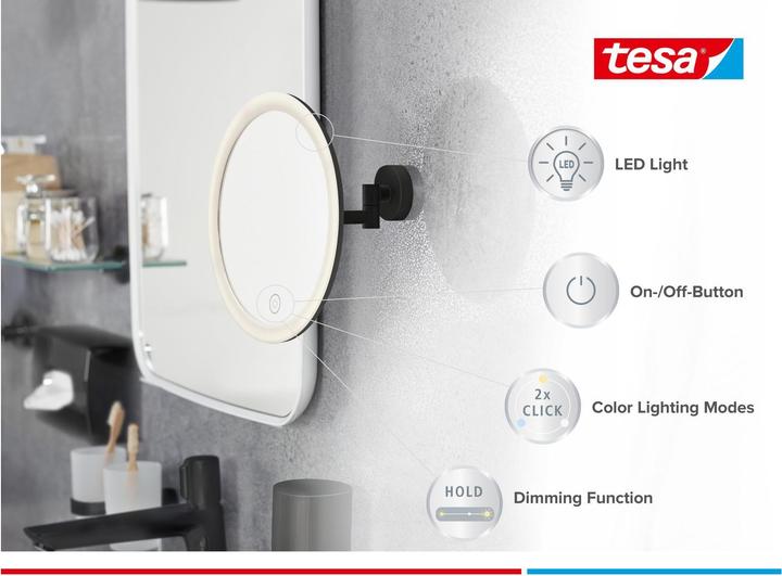 Produktbild tesa VISIOON LED-Kosmetikspiegel mit Beleuchtung, 5-fach-Vergröss. - Wandmontage ohne Bohren, Schwarz