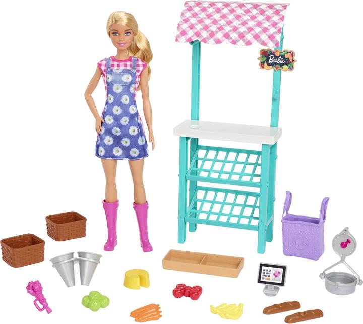 Barbie Bauernmarkt-Spielset "Spass auf dem Bauernhof", -Puppe (blond), Marktstand, Acker, Gemüse, Brot
