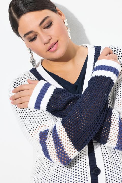 Produktbild Ulla Popken Long-Strickjacke, Streifen, V-Ausschnitt, Langarm (58)