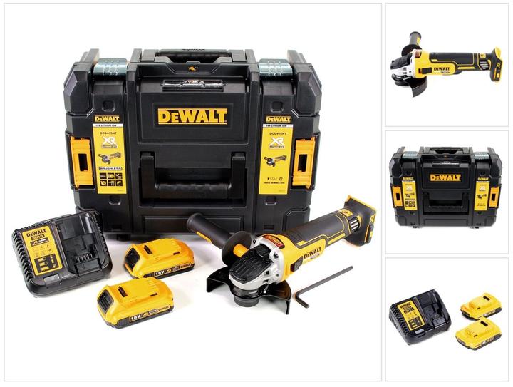 1x quick-release nut, 1x side handle, 1x DeWalt TStak-Box II tool case, 2x DeWalt DCB 183 18V - 2 Ah / 2000 mAh XR Li-Ion battery, 1x DeWalt DCB 113 charger, 1x DeWalt DCG 405 - 18 V 125 mm brushless cordless angle grinder, 1x assembly tool