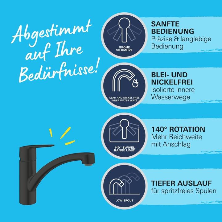 Productafbeelding Grohe Start QuickFix keukenmengkraan, platte uitloop, eenvoudige installatie, draaibaar, mat zwart