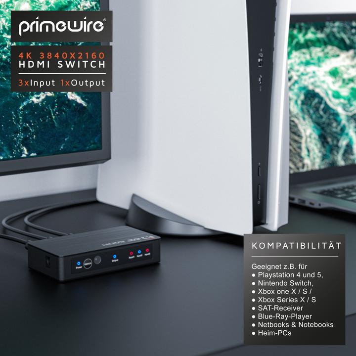 Produktbild Primewire HDMI 2.0b 3 Port Switch, Verteiler 4k 60Hz UHD, Ultra HD 4096x2160 HDR, Fernbedienung, Netzteil