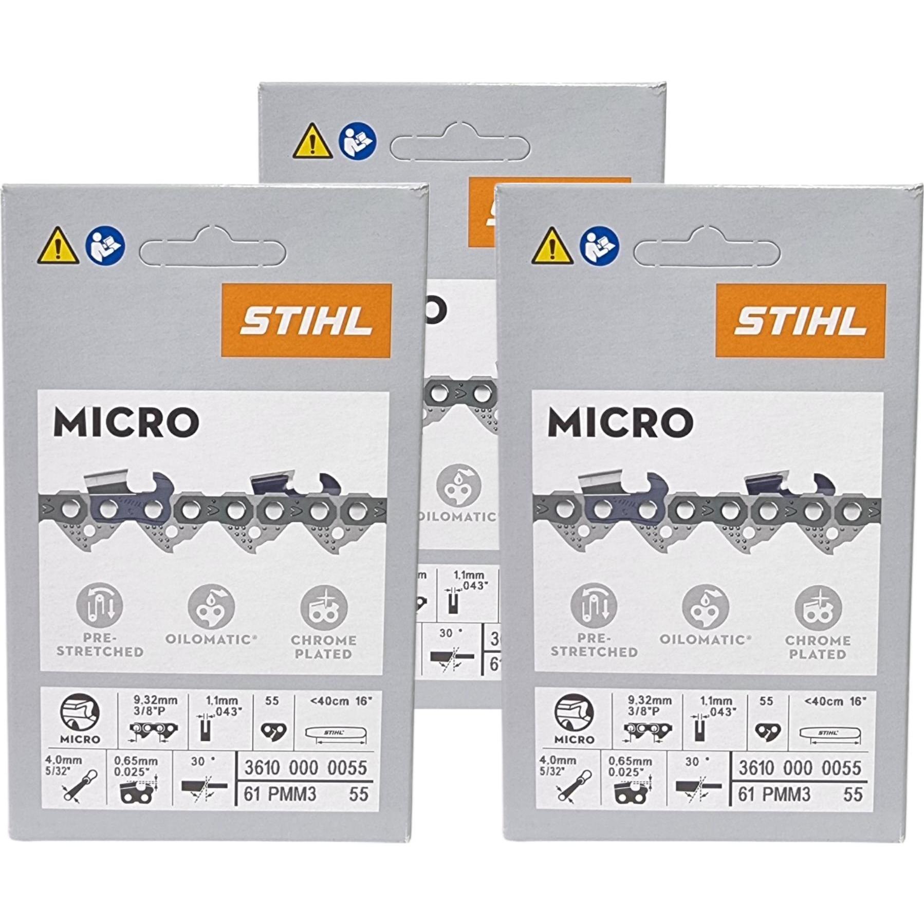 Stihl, Accessori per macchinari da giardino, 3x 3/8" Picco Micro Mini 3 (PMM3) catena per sega 40 cm 3/8" P 1,3 mm 55 TG 3 pezzi ( 3x (Motosega, Sega 