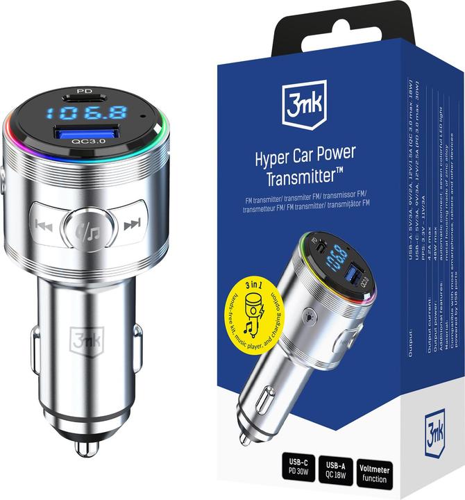 3MK Transmetteur de puissance Hyper Car 48W QC PD PPS USB-C/USB-A avec transmetteur audio Argent