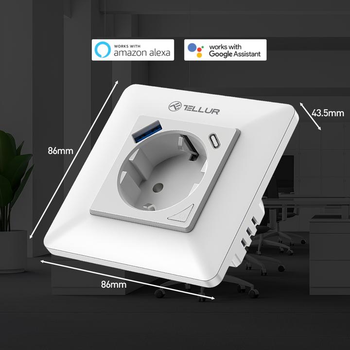 Immagine prodotto Tellur Smart WiFi Wall Plug 3600W 16A, PD20W, USB 18W, lettura energetica, bianco