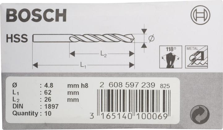 Produktbild Bosch Professional Zubehör Karosseriebohrer HSS-R, DIN 1897, 4,8 x 26 x 62 mm, 10er-Pack (4.8 mm)