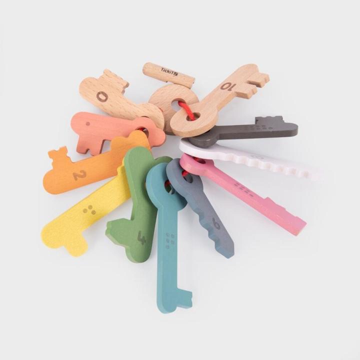 Actual product image TickiT Rainbow wooden keys – 11 numbered keys with threading cord & bag