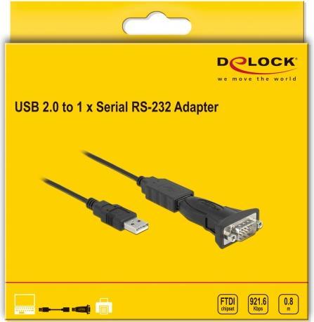 Productafbeelding Delock Adapter USB 2.0 Type-A naar 1 x seriële RS-232 D-Sub 9 Pin Plug (0.80 m)