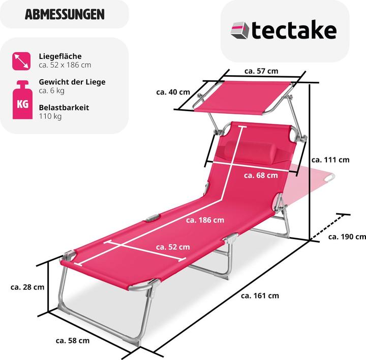 Produktbild tectake 2 Gartenliegen 4-stufig mit Kopfpolster (161 cm)