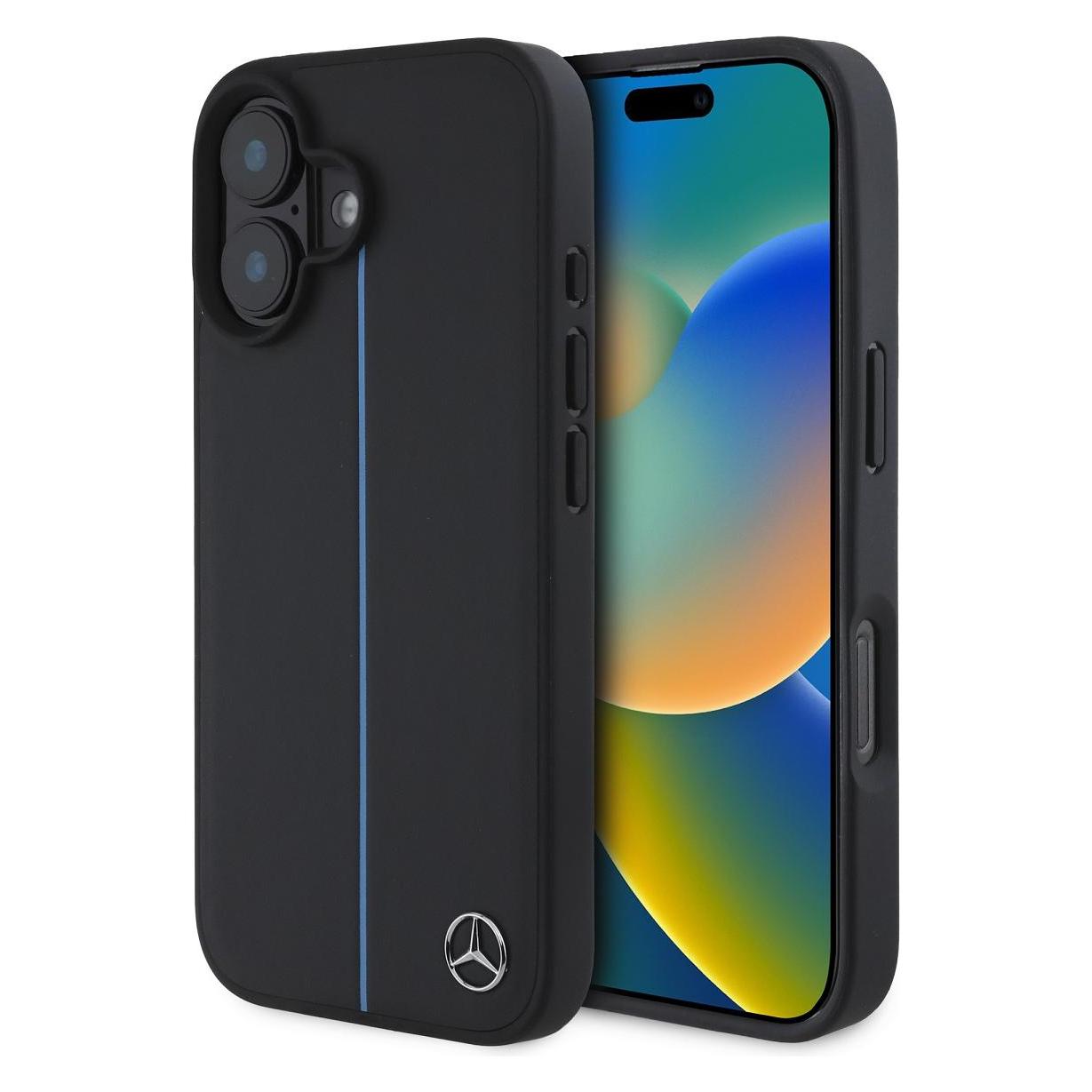 Mercedes MEHMP16S23RURBK IPhone 16 6.1" Czarny/black Hardcase Mb Blue Line Leather MagSafe (Apple IPhone 16), Smartphone Hülle, Schwarz