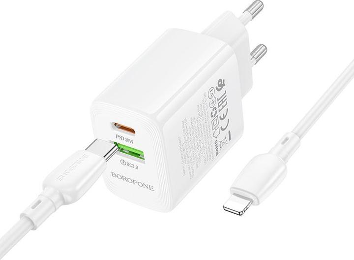 Image du produit Borofone Chargeur secteur BN29 Fuente - USB + Type C - QC 3.0 PD 30W avec câble Type C vers Lightning blanc (30 W, 2 ports)