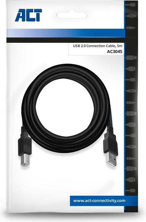 Produktbild ACT 5 meters USB 2.0 connection cable A male - B male, Zip Bag (5 m, USB 2.0)