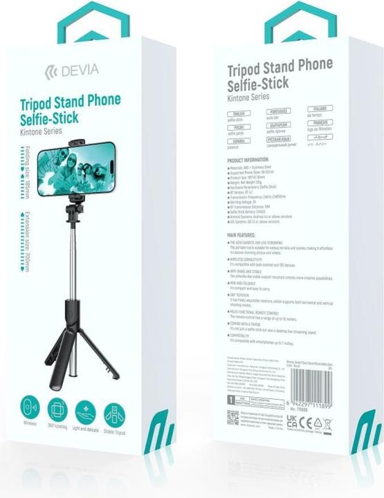 Actual product image Devia selfie stick Bluetooth tripod ES083 black