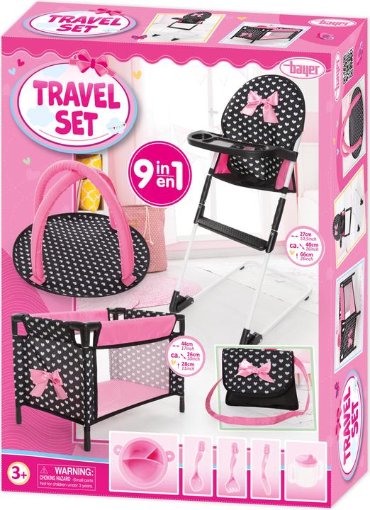Produktbild Bayer Reise-Set 9in1 mit Puppenbett und Hochstuhl schwarz/pink