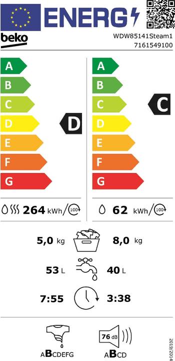 Energy Label Beko WDW85141Steam1