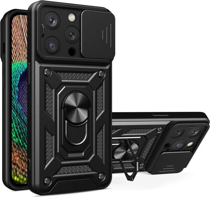 Actual product image Hurtel Hybrid Armor Camshield case for iPhone 14 Pro armoured case with camera cover black (Apple iPhone 14 Pro)