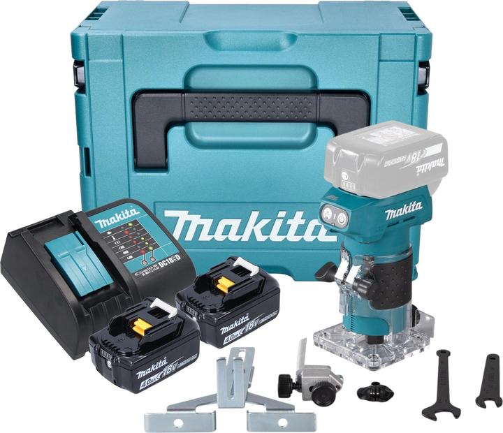 Actual product image Makita DRT 52 SMJ cordless edge router 18 V 6 mm brushless + 2x battery 4.0 Ah + charger + Makpac