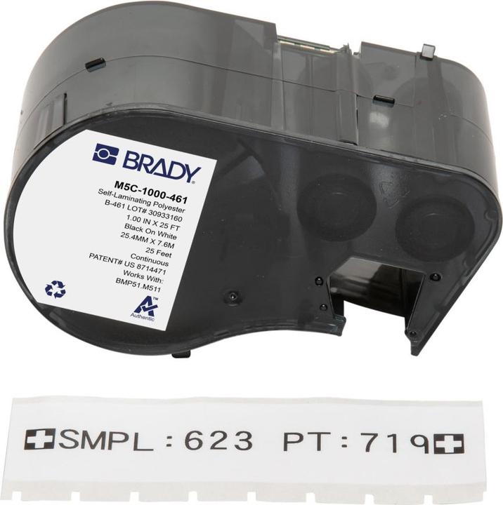 Actual product image Brady M5C-1000-461, polyester, black on white, 25.40 mm x 7.62 m, permanent, continuous (2.54 cm)