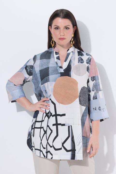 Actual product image Ulla Popken Graphic Patchwork Print 3/4 Sleeve Lyocell Tunic (58)
