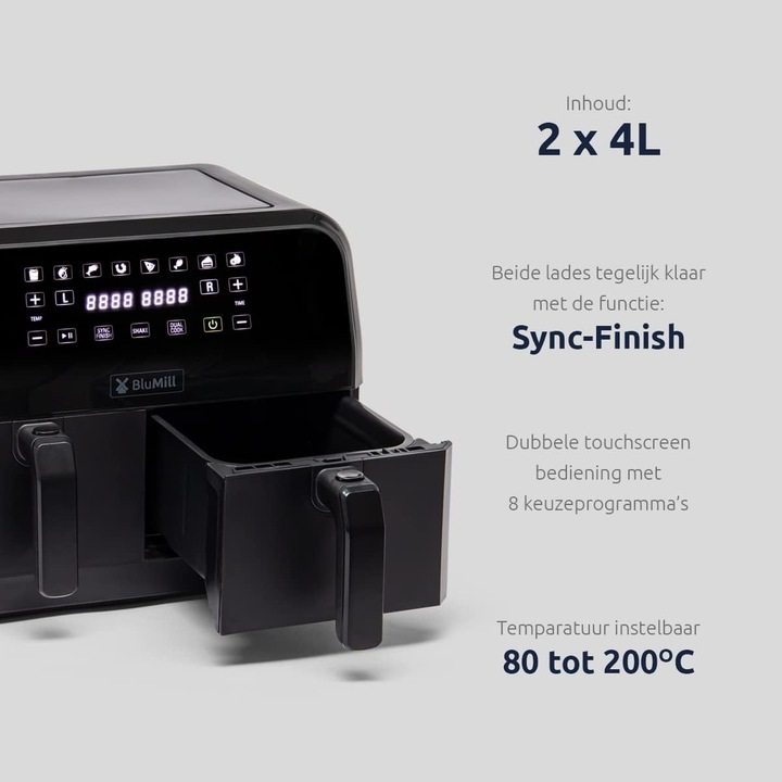 Actual product image BluMill Dual AirFryer, 1700 watt hot air fryer