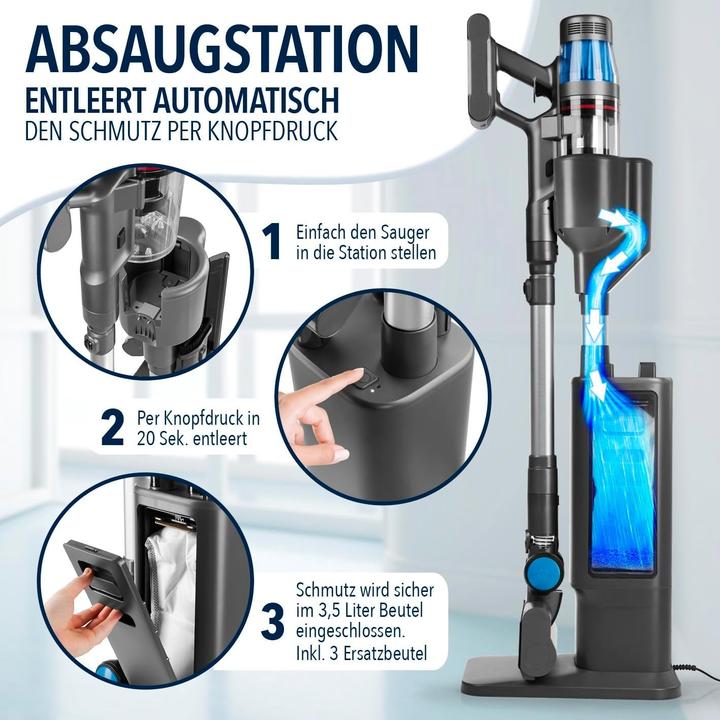 Actual product image CleanMaxx AeroTec Cordless Vacuum with Auto-Empty Station, 34 kPa Suction, 60-Min Runtime, UV-C Mite Nozzle