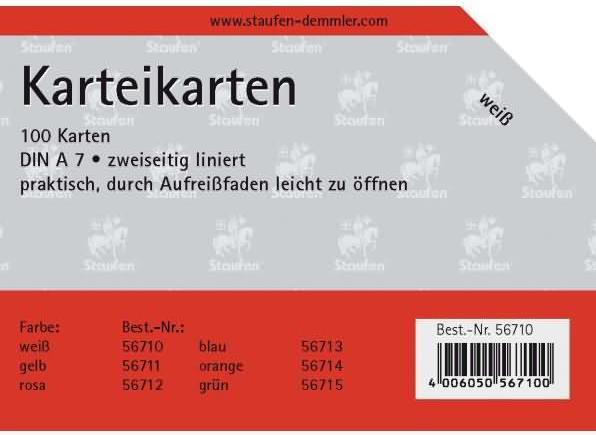 Staufen Karteikarten A7 liniert 180g/qm weiss VE=100 Stück (A7, 100x, 180 g/m²)