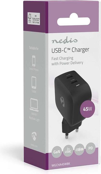 Immagine prodotto Nedis Netzladegerät | 45 W | GaN | PD3.0 | Schnellladefunktion | 2.25 A / 3.0 A | Anzahl der Ausgäng (45 W)