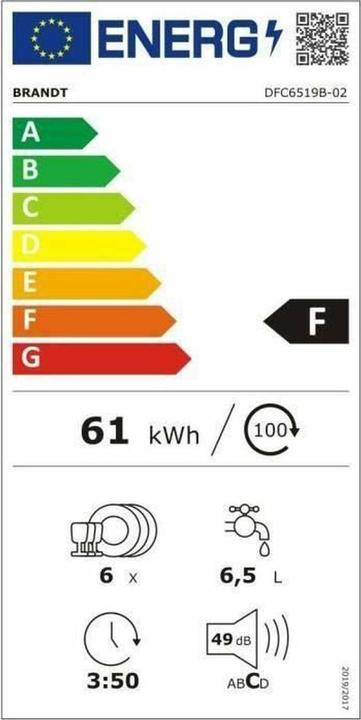 Energy Label Brandt LAVE-VAISSELLE COMPACT DFC6519B 6C 49DB NOIIR