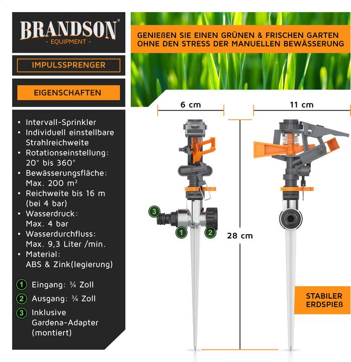 Image du produit Brandson Arroseur circulaire, arroseur à intervalles, arroseur à impulsions 360°, arroseur de gazon, jusqu'à (Arroseurs à impulsion, circulaires et sectoriels)
