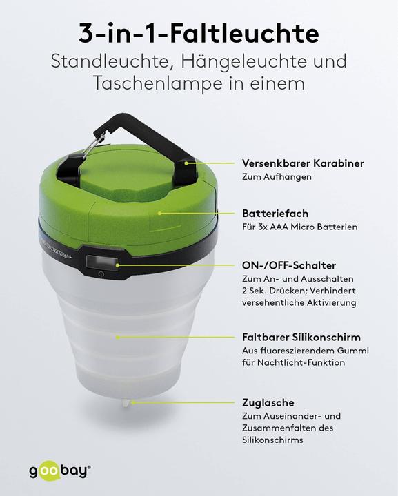 Immagine prodotto Goobay Luce da campeggio a LED, 3 in 1, pieghevole