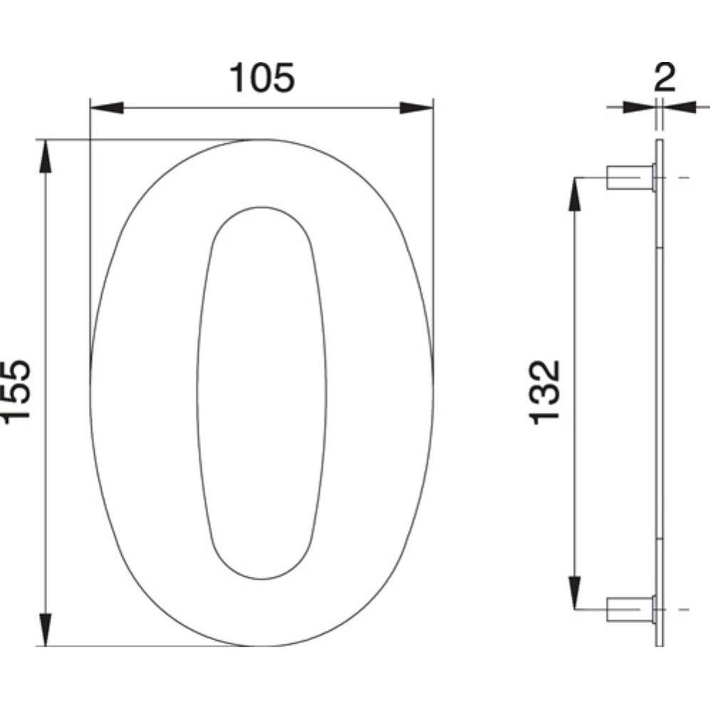 EDI, Hausnummer + Türschild, Hausnummer Ziffer 0 Edelstahl matt 150 mm Breite 105 mm
