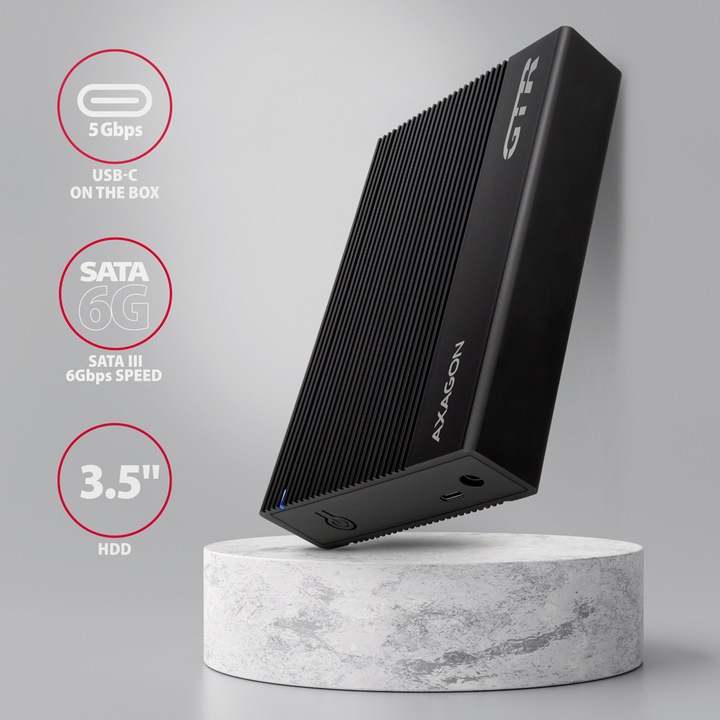 Actual product image Axagon EE35-GTR, USB-C - SATA 3.5" RIBBED box, ÄernÃ½ (3.5")