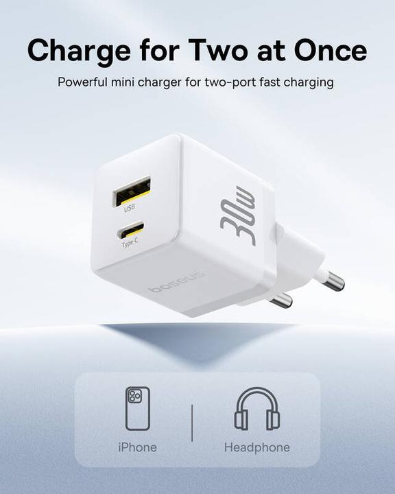 Image du produit Baseus - Wall Charger Palm (P1011160A213-00) - Fast Charging, 2in1, USB, Type-C, 30W - Moon White (30 W, 2 ports)