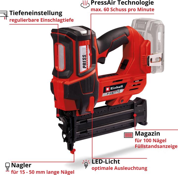 Einhell Akku-Nagler Fixetto 18/50 N, Solo + E-Box Koffer S-F