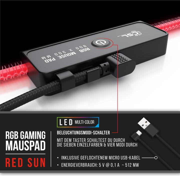 Image du produit CSL Tapis de souris de jeu RGB, Tapis de bureau 800 x 300 mm Tapis de souris XL - LED Multi Colour, Red