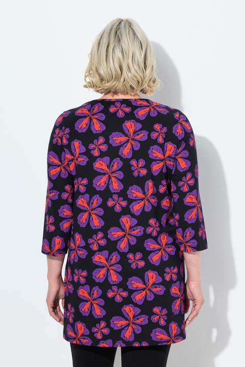 Immagine prodotto Ulla Popken Maglia dal taglio lungo e svasato con fiori, scollo a girocollo e maniche a 3/4 (46, 48)